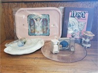 Pink tray, depression platter, perfume bottles,