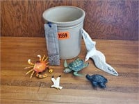 Stoneware crock, sea creature magnets, sea gull