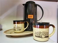 Rise & Shine mugs, dinner plate, coffee carafe