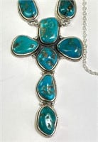 18" Large Sterling Turquoise Cross Necklace 48 Gr
