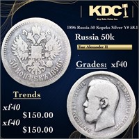 1896 Russia 50 Kopeks Silver Y# 58.1 Grades xf