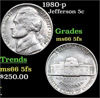 1980-p Jefferson Nickel 5c Grades GEM+ 5fs