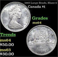 1965 Large Beads, Blunt 5 Canada Dollar 1 Grades C