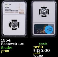Proof NGC 1954 Roosevelt Dime 10c Graded pr68 By N