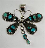 Large Sterling Turquoise Dragon Fly Pendant 22 Gr