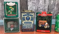 Vtg. Watkins tin & tree ornaments