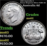 1941 Australia 6 Pence Sixpence Silver KM# 38 Grad