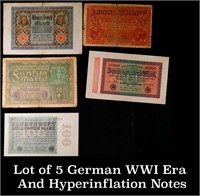 Lot of 5 German WWI Era And Hyperinflation Notes G