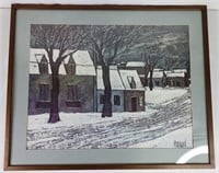 Framed Scenic Winter Village Painting