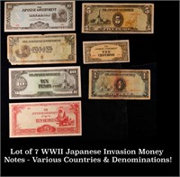 Lot of 7 WWII Japanese Invasion Money Notes - Vari