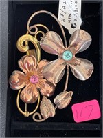 2 Vintage Flower Pins Sterling and GF