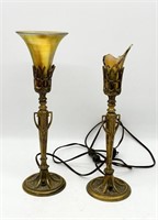 Pair Cast Metal Table Lamp w/(1) Art Glass Shade
