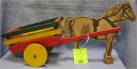 Early wooden horse drawn cart pull toy