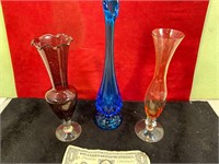 3 COLORED MID CENTURY GLASS VASES