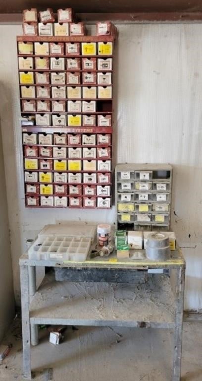 WORK TABLE WITH PARTS BINS AND ASSORTMENT