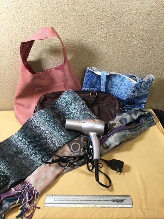 Ladies Bags, Hair Dryer, and Scarves