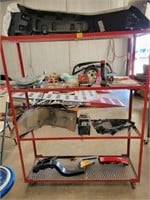 RED ROLLING SHELF W/NEW AND USED AUTO PARTS