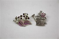 2pc Gem Stone Flower / Watering Can Brooches
