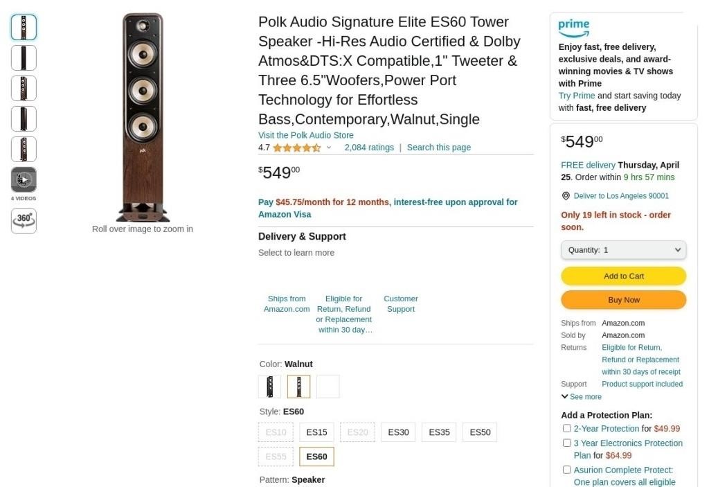 OF3109  Polk Audio Elite ES60 Tower Speaker Walnu