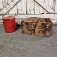 Wooden Crate with Tin Can of Sewing Supplies