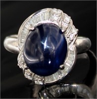 Platinum 7.86 ct Cabochon Sapphire & Diamond Ring