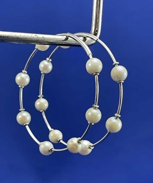 14K White Gold & Pearl Hoop Earrings