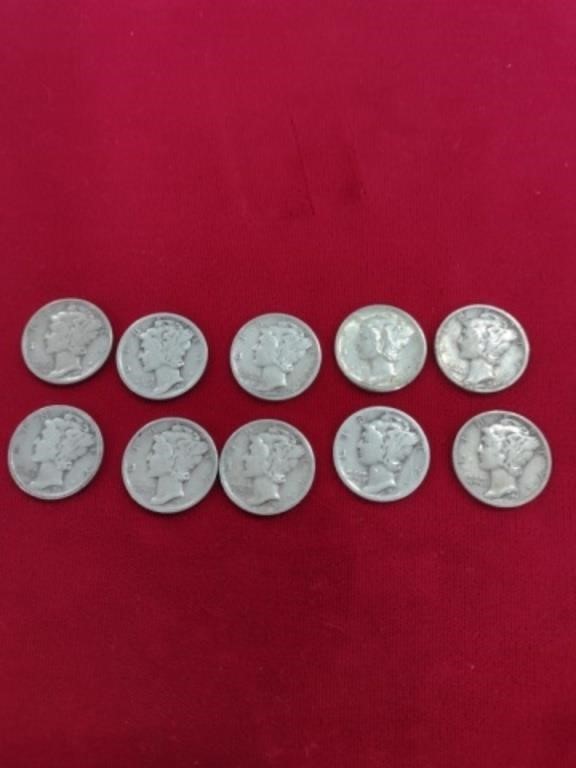 Mixed Lot of 10 1940's Mercury Dime Coins