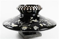 BLACK LACQUER AND MOTHER OF PEARL SQUAT VASE