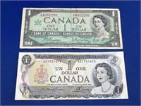 2 Canadian One Dollar Bills