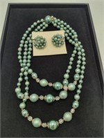 Vintage Teal Faux Pearl Necklace & Clip Earrings