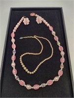 Vintage Pink Faux & Faux Pearl Necklace, Earrings