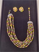 Vintage Multi-Color Beaded Necklace & Clip Earring