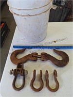 2 large hooks, 3 clovis hitches in bucket