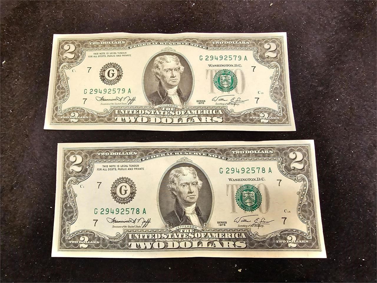 TWO $2.00 BILLS - CONSECUTIVE SERIAL NUMBERS