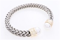 Cuff Bangle Bracelet - 2 Pearls