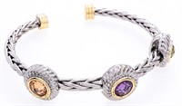 Cuff Bangle Bracelet 3 Gemstones Bezel Set