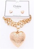 Cherie New York Necklace & Earring Set, Puffed Hea