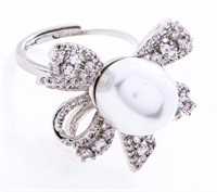 Silver  Bow Style Ring w/ Pearl - Adjustable Size