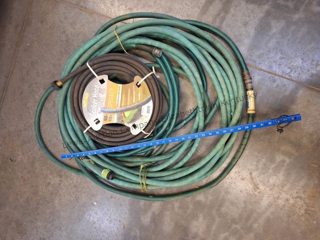 New 50ft soaker hose and 2 garden hoses unknown