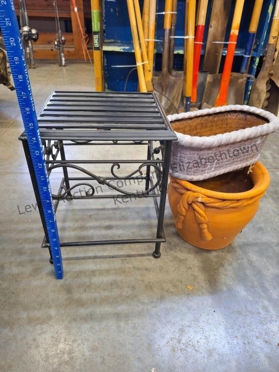 Plant stand (metal) and two clay pots