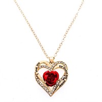 Gold Heart Necklace w/ Red Rose - Inscribed "I Lo