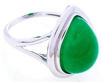 925 Sterling Silver Ring, Pear Shape Cabachon Jade
