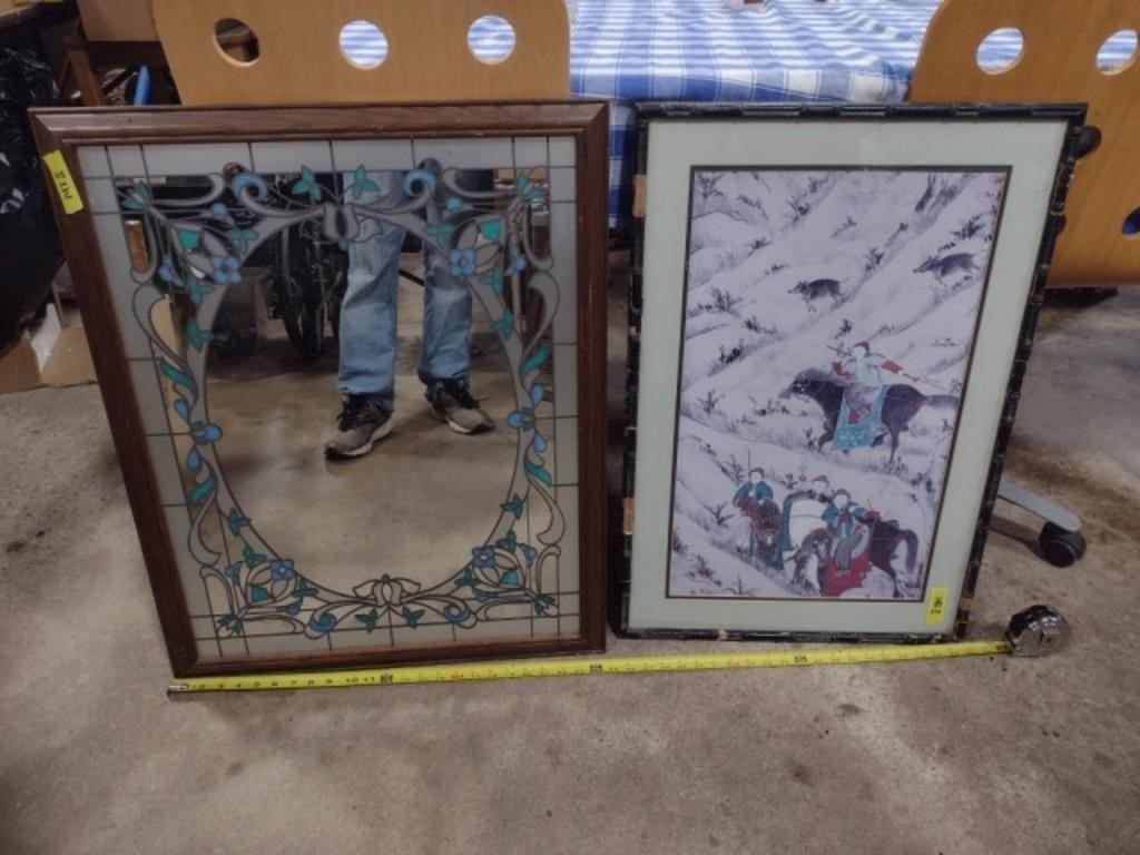 Framed Asian Art & Stained Glass Style Mirror