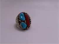 Lg Mens Pawn Sterling Turquoise/Coral sz12.75 Ring