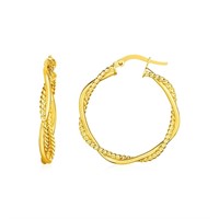 14k Gold Textured Twisted Round Hoop Earrings