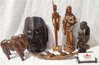 CARVED FIGURES W/ MARY, CANOE, MASK, MORE