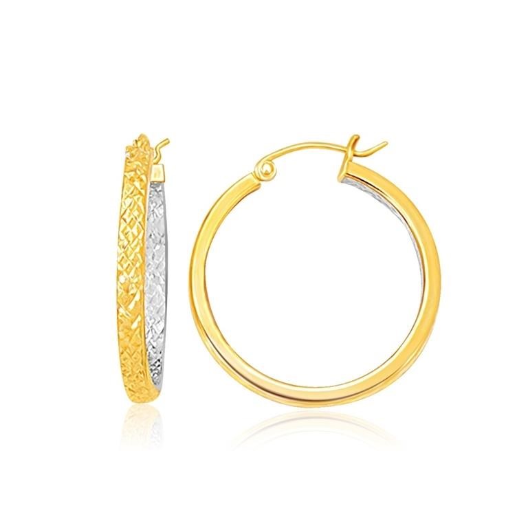 14k Two-tone Gold Slender Patterned Hoop Earrings