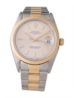 18k Gold Rolex Oyster Date Silver Dial Watch 34mm
