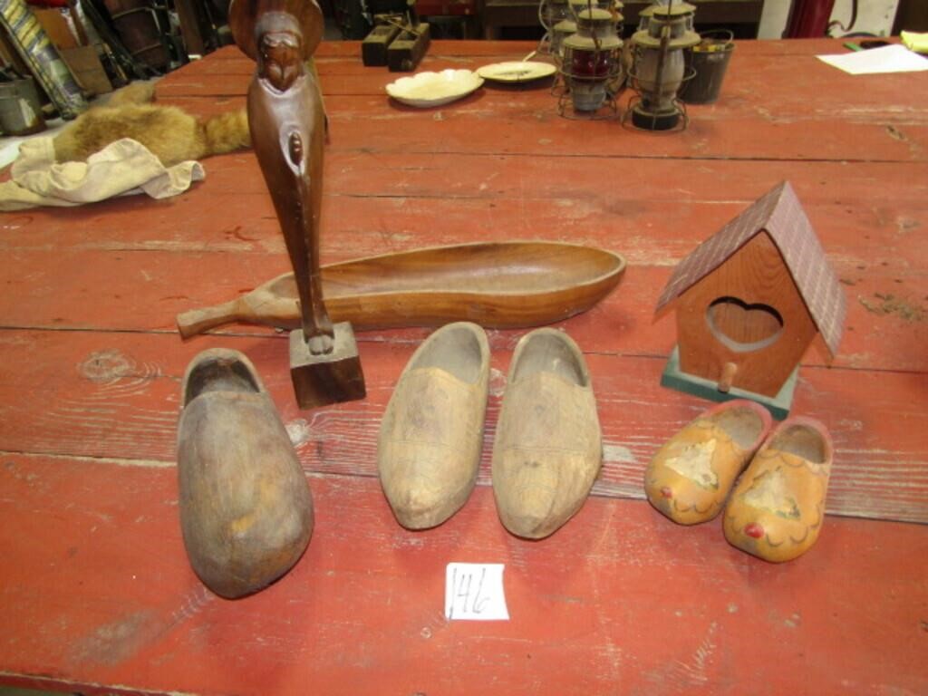 WOOD SHOES, WOOD BOWL, BIRD HOUSE, MORE
