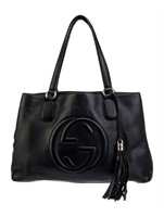 Gucci Gg Leather Canvas Lining Medium Tote